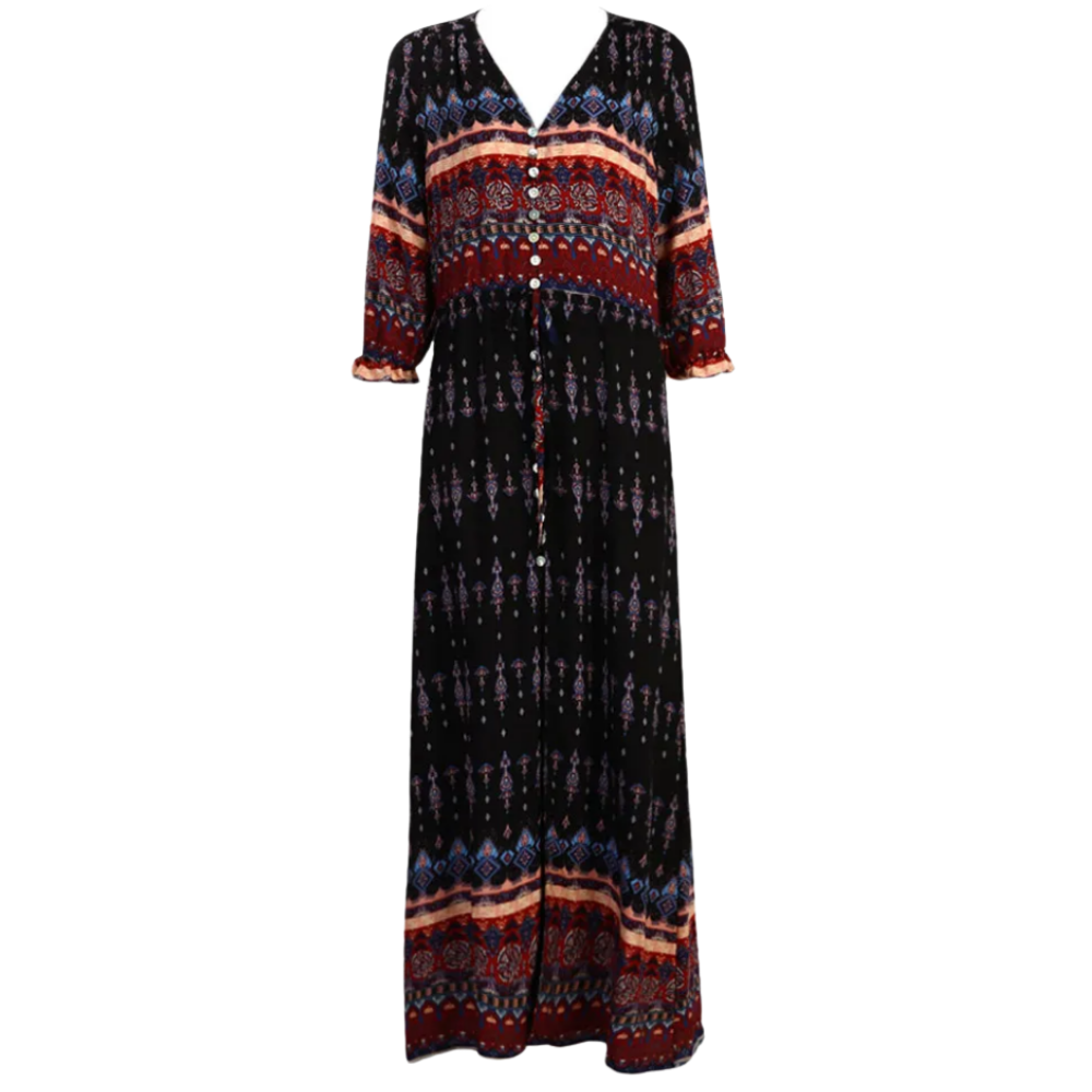 Boho-maxikjole med V-hals
 -Svart/XL - Ozerty