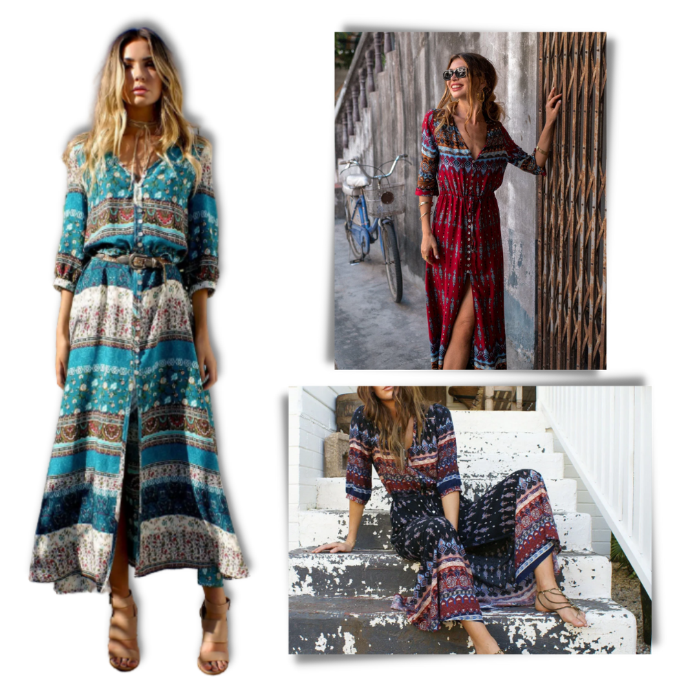 Boho-maxikjole med V-hals
 - Ozerty