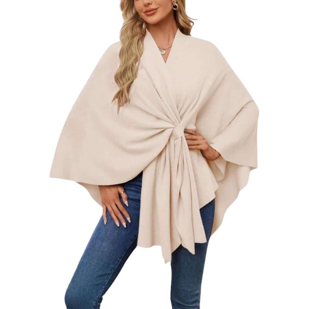 Elegant Strikket Poncho Til Kvinner -Beige - Ozerty