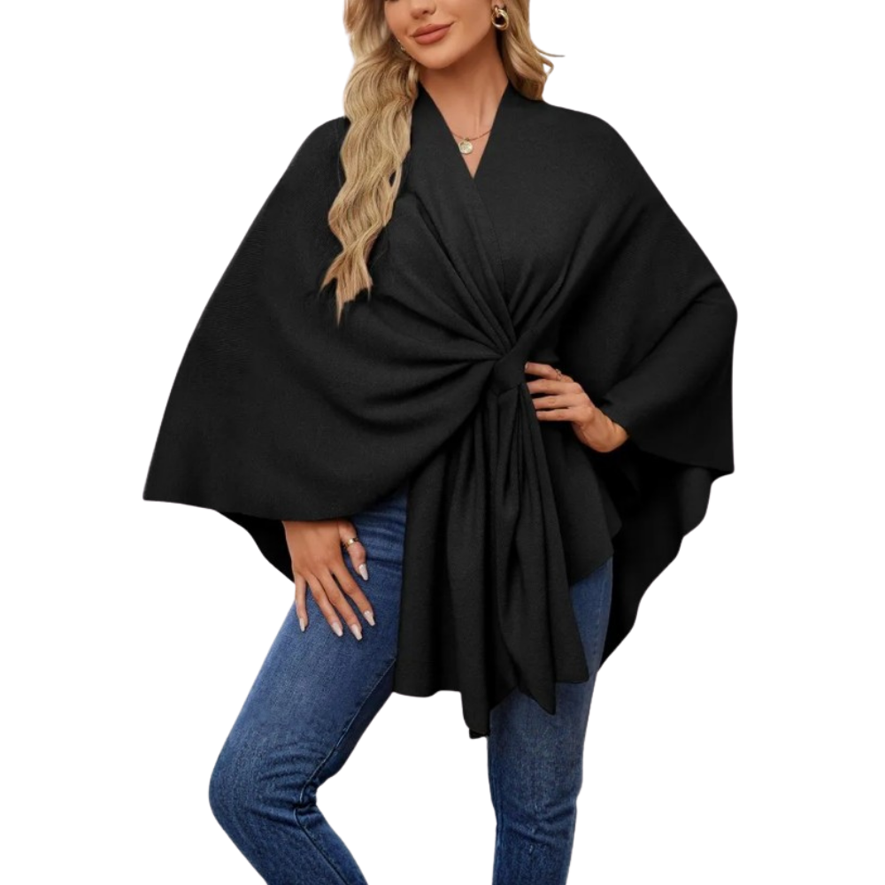 Elegant Strikket Poncho Til Kvinner -Sort - Ozerty