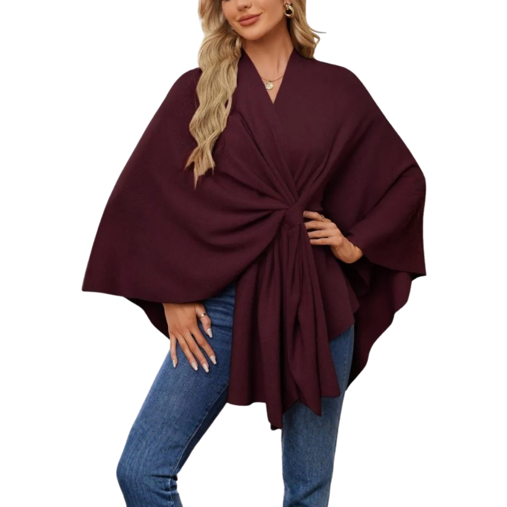 Elegant Strikket Poncho Til Kvinner -Vinrød - Ozerty