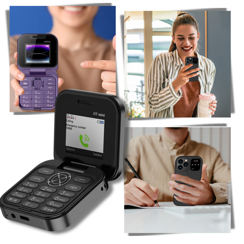 Liten sammenleggbar mobiltelefon med dobbelt sim-kort
- Ozerty