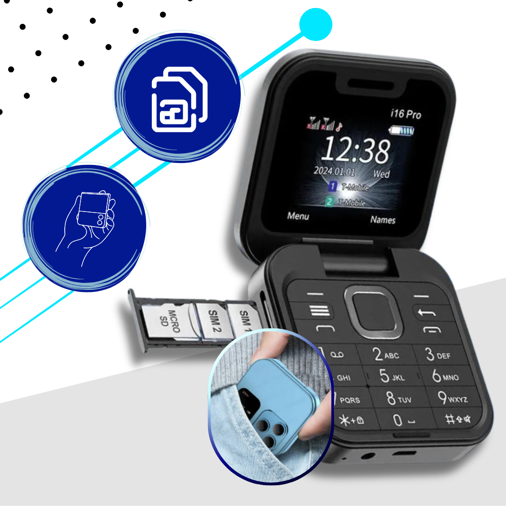 Liten sammenleggbar mobiltelefon med dobbelt sim-kort
- Ozerty