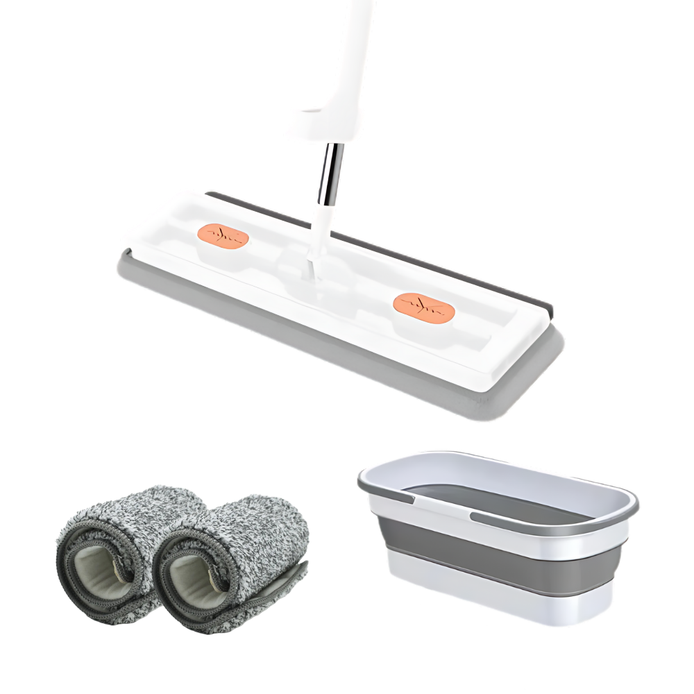 Selvvridende flatmopp med skuffe
-Hvit mopp med bøtte - Ozerty