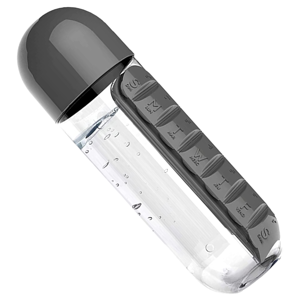 Vannflaske i plast med pilleboks