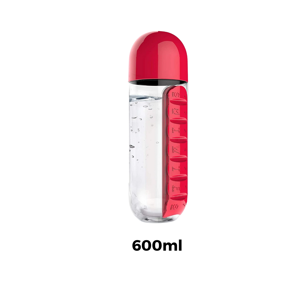 Vannflaske i plast med pilleboks - Ozerty