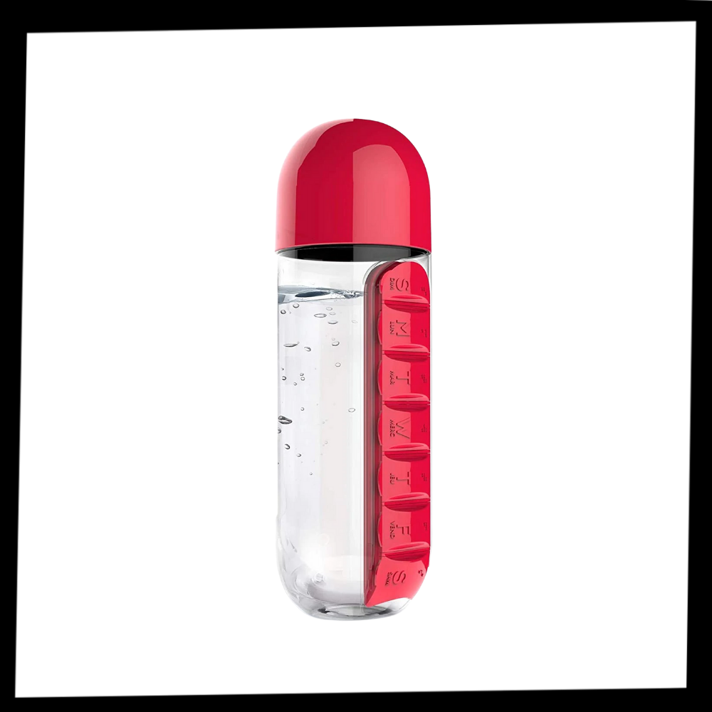 Vannflaske i plast med pilleboks - Ozerty