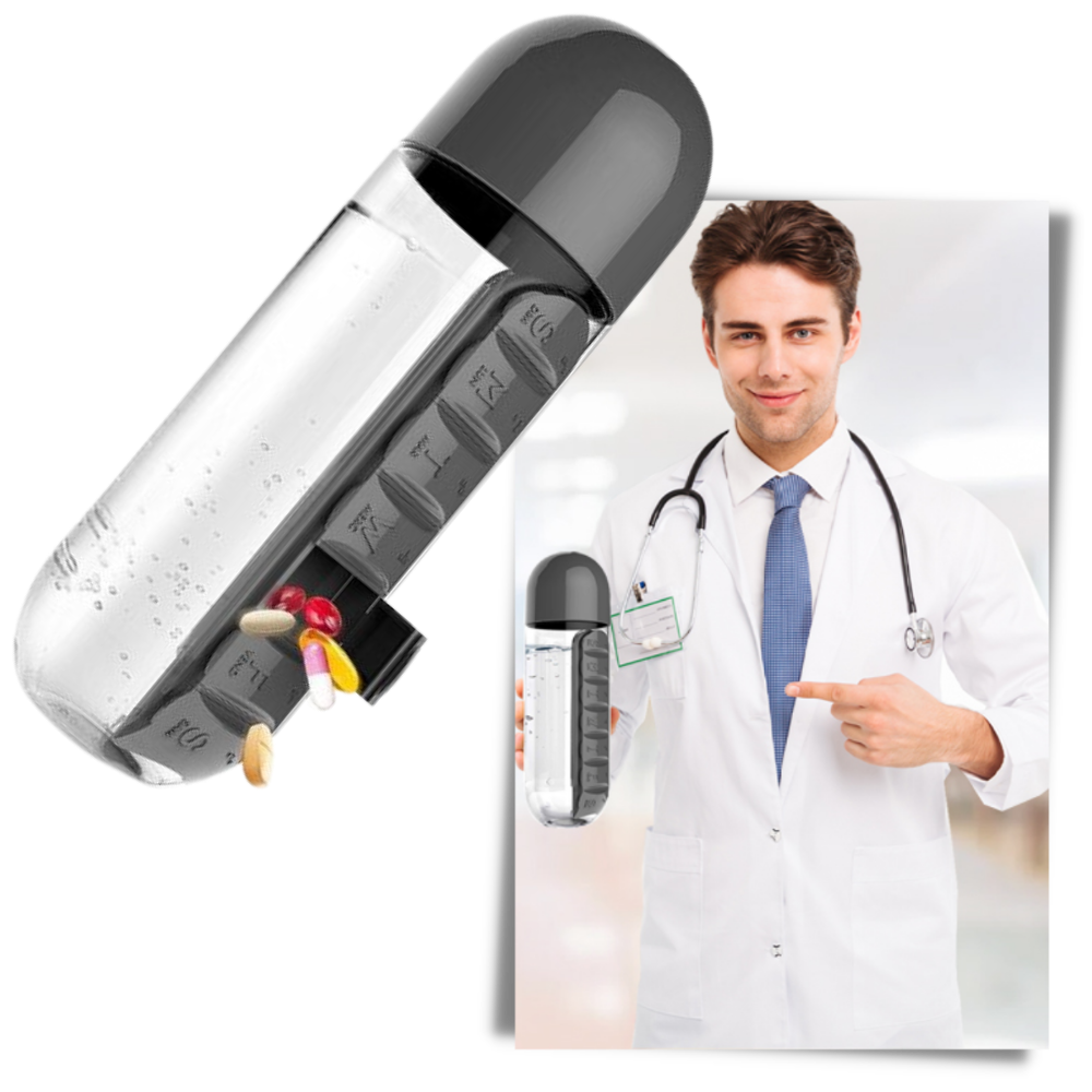 Vannflaske i plast med pilleboks - Ozerty