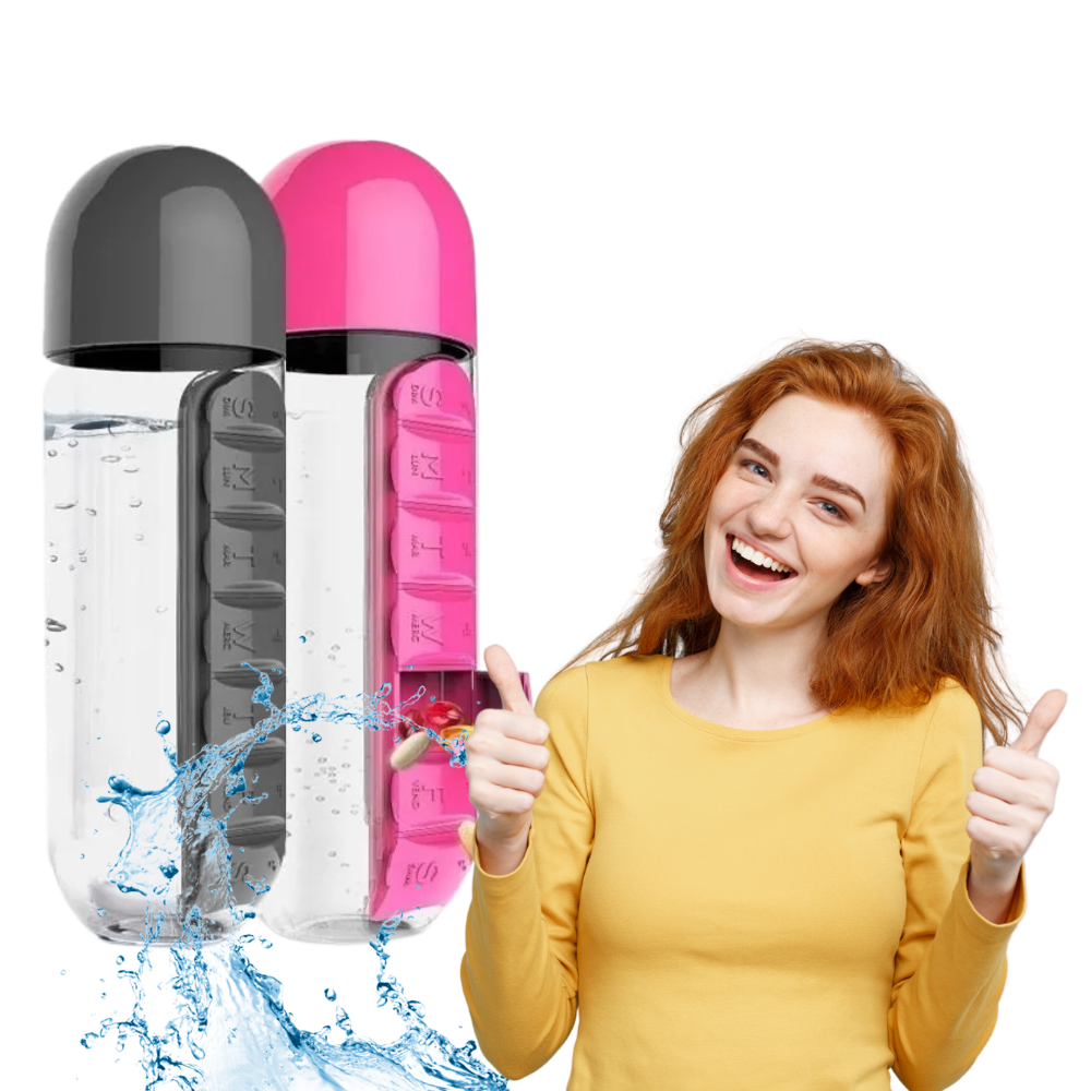 Vannflaske i plast med pilleboks - Ozerty