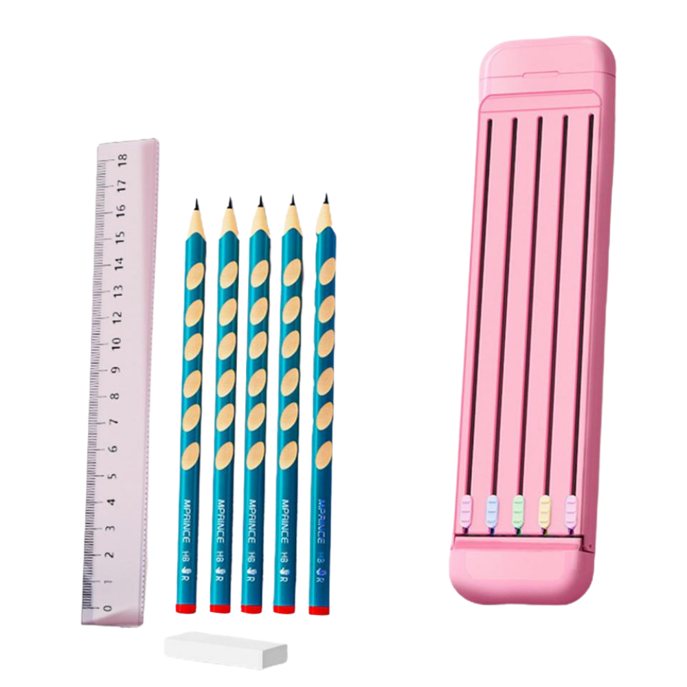 Hard pencil case with pencils and ruler