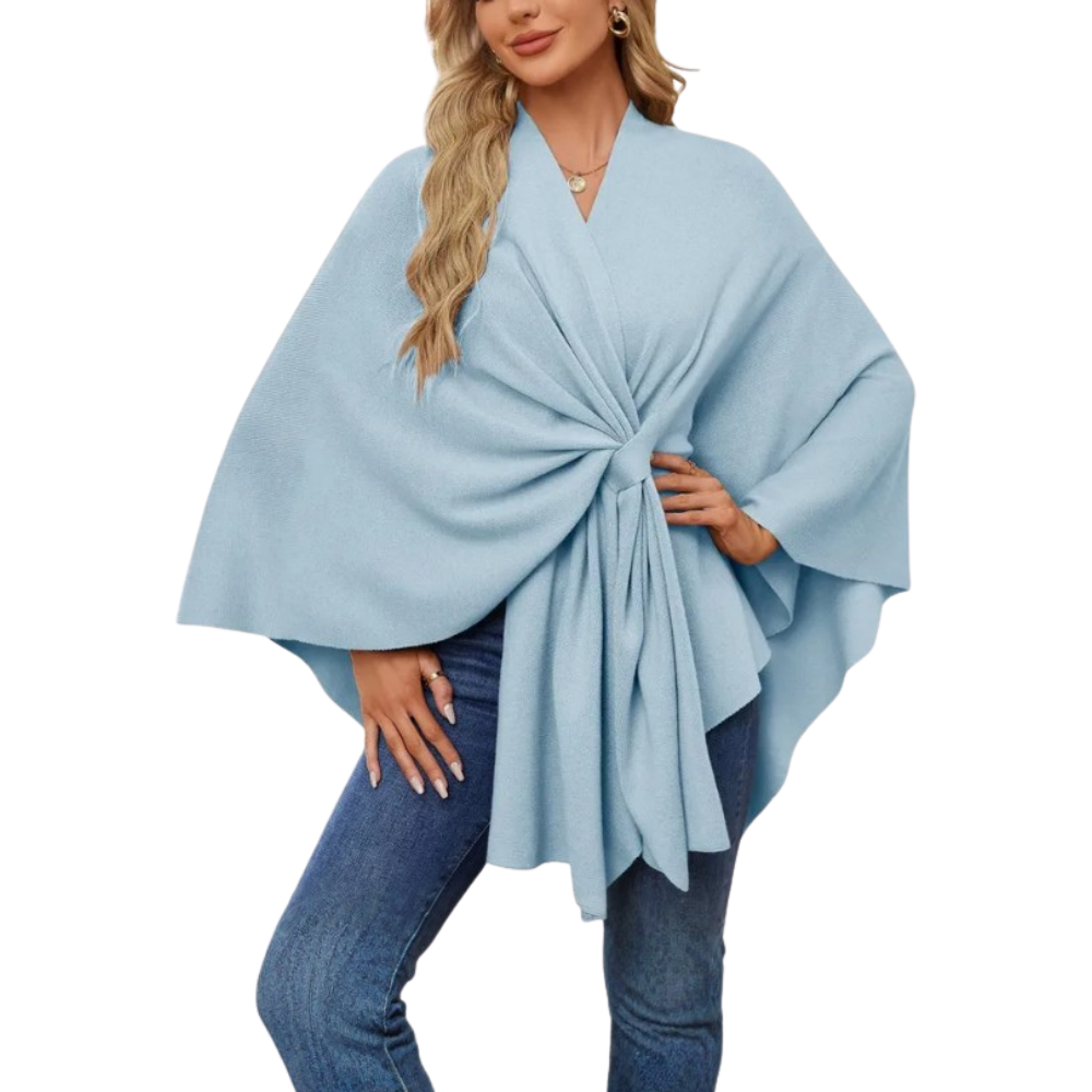 Elegant Strikket Poncho Til Kvinner -Lyseblå - Ozerty
