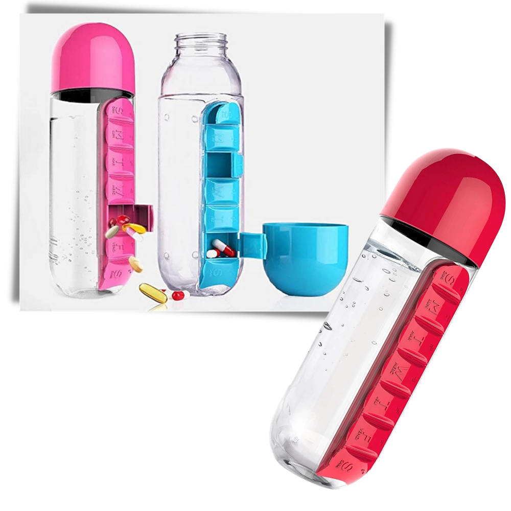 Vannflaske i plast med pilleboks - Ozerty