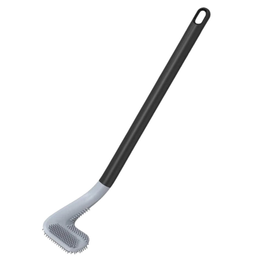 Long-handled toilet brush with wall-mounted base