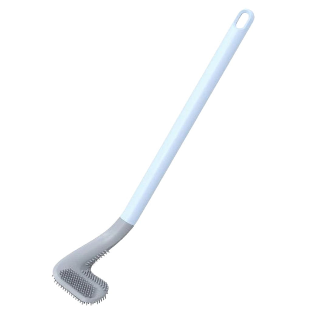 Long-handled toilet brush with wall-mounted base